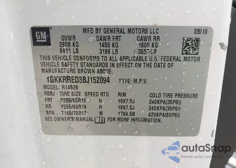 2011 GMC Acadia Slt-1 from USA, damaged, VIN 1GKKRRED3BJ152094